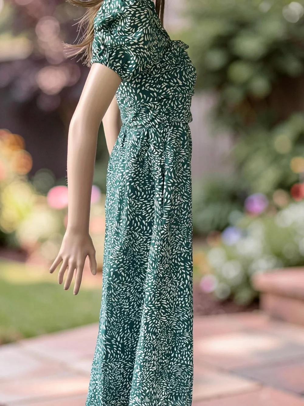 O.p.t Green Cotton Midi Dress L Smocked Back Puff Sleeve Pockets Cottagecore - Picture 9 of 9